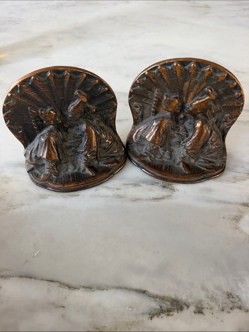 Pair of 2 1920's Antique Bronze Bookends Asian Man & Woman Wedding Siam Thai